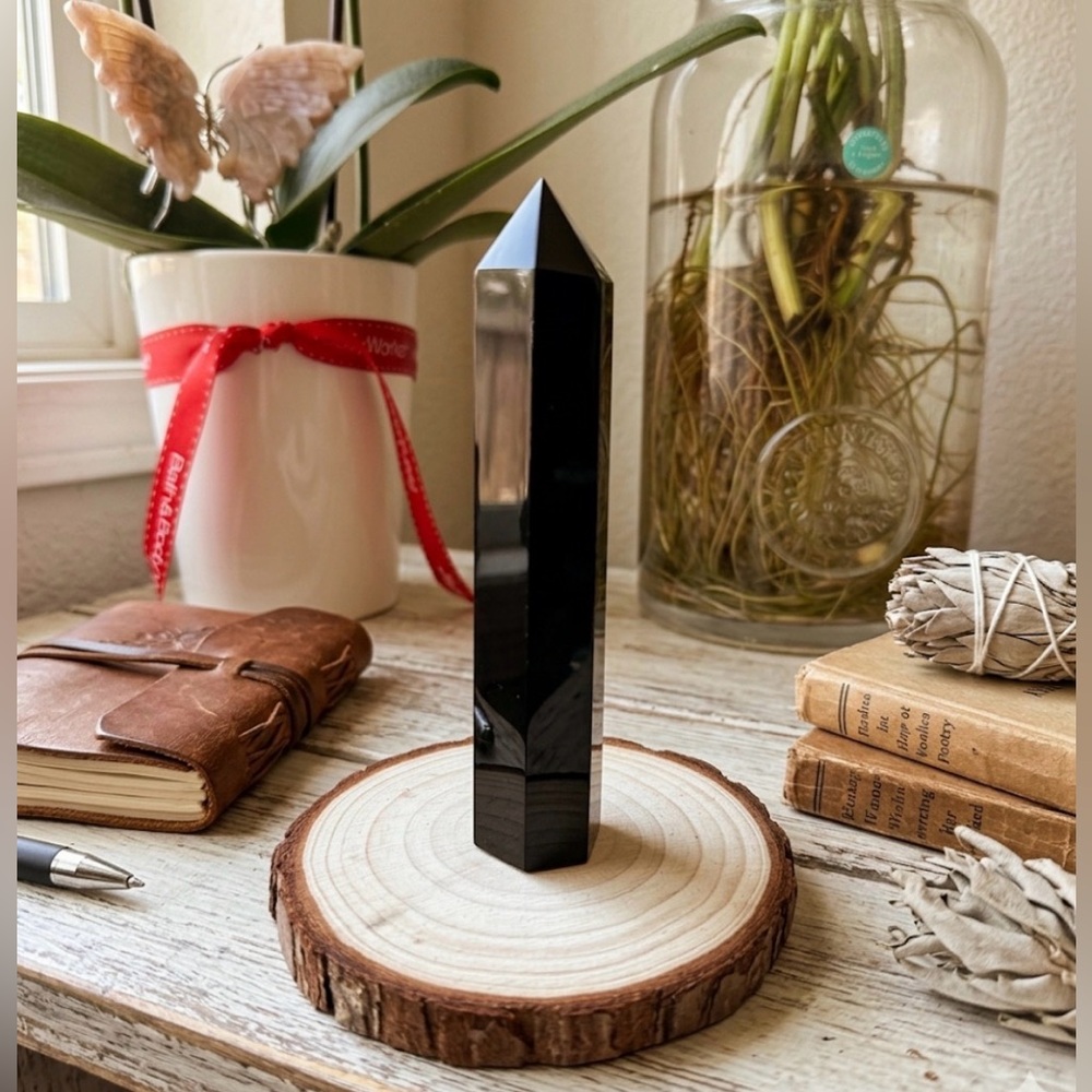 Black Obsidian Tower 3.5” | 6-Sided Crystal Point Decor